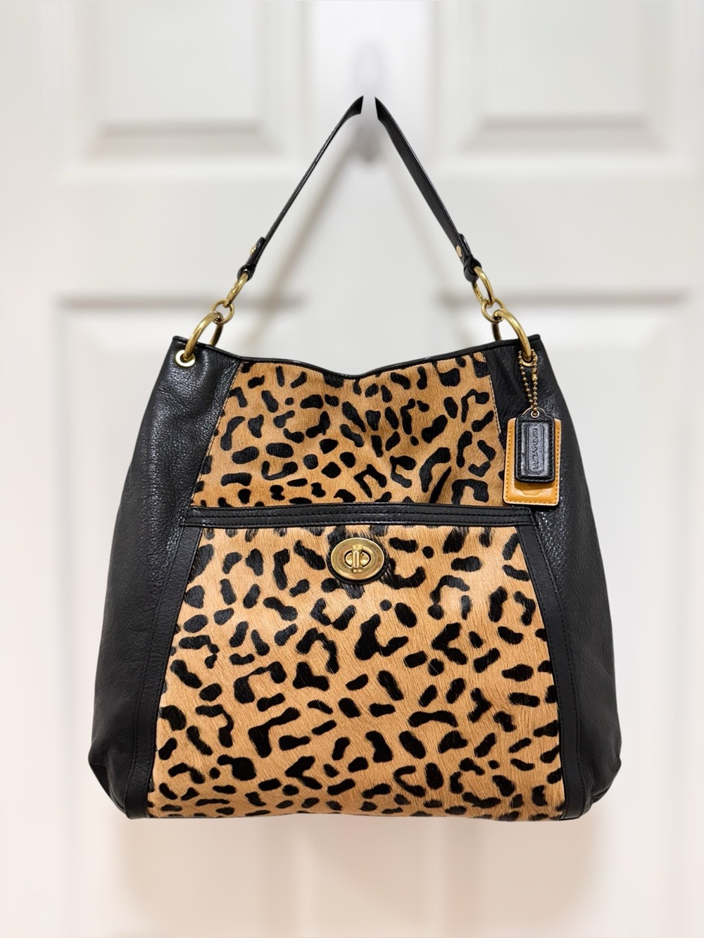Coach Park Large Leopard Haircalf Hobo Shoulder‎ Bag Black Leather F24662